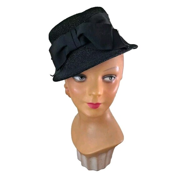 Unbranded Accessories - 40s 50s Vintage Black Straw Cloche Hat With Bow,  Size 22